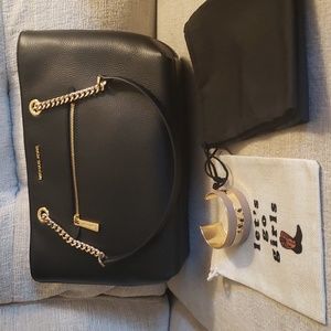 Michael Kors Jet Set Med Front Pocket Chain Black Leather Tote w/Cuff Bracelet